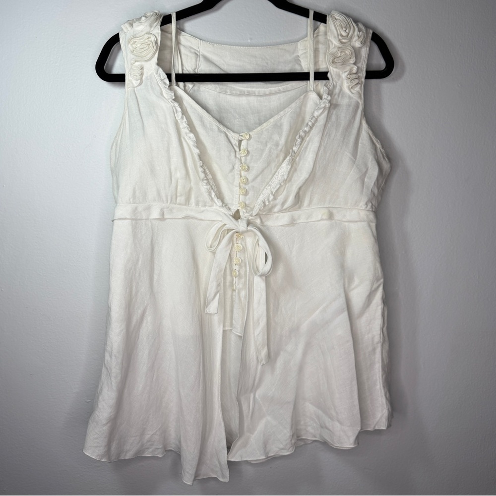 Cream Rosette Linen Babydoll Top with Bow Tieback Romantic Cottagecore